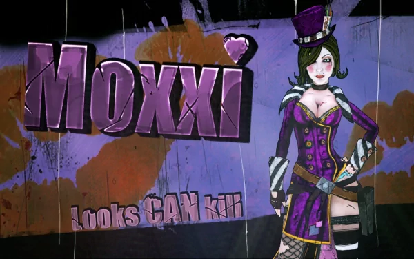 HD PC desktop wallpaper of Moxxi, a character from the video game Borderlands 2, featuring bold purple text and a stylized, vibrant background.