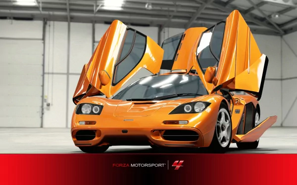 HD PC desktop wallpaper featuring an orange McLaren F1 with butterfly doors open, from the video game Forza Motorsport 4.