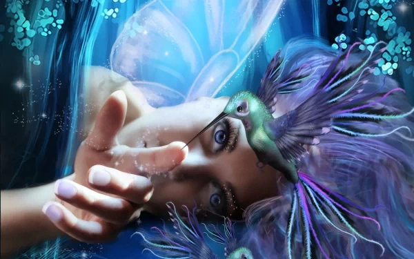 HD PC desktop wallpaper depicting a fantasy scene with a woman and a vibrant hummingbird surrounded by ethereal blue and purple hues in an artistic style.