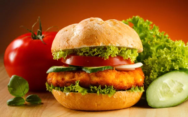 4K Ultra HD desktop wallpaper featuring a close-up of a crispy chicken burger with lettuce, tomato, and fresh vegetables on a wooden surface against an orange background.