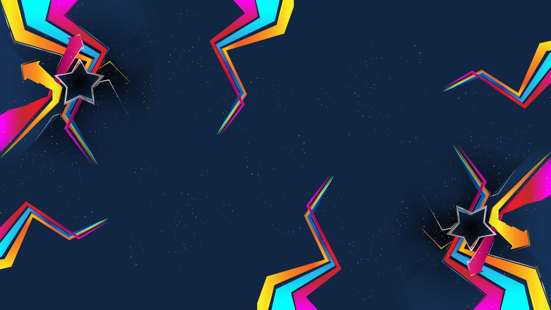 Abstract, artistic HD PC desktop wallpaper featuring vibrant, angular star shapes with layered neon colors against a dark, textured background.