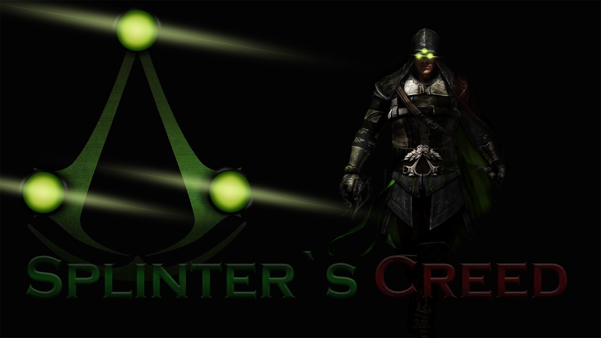 HD PC desktop wallpaper merging Tom Clancy's Splinter Cell and Assassin's Creed themes, featuring Ezio from Assassin's Creed III in a dark, stealthy design.
