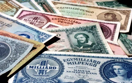 HD desktop wallpaper featuring a detailed close-up of various man-made vintage banknotes and money in different colors and denominations.