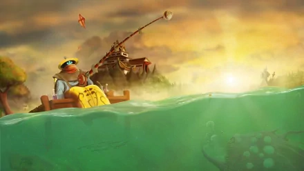 A vibrant 4K Ultra HD wallpaper featuring Jax from League of Legends, set against a serene sunset with a fishing scene, blending adventure and tranquility in a captivating style.