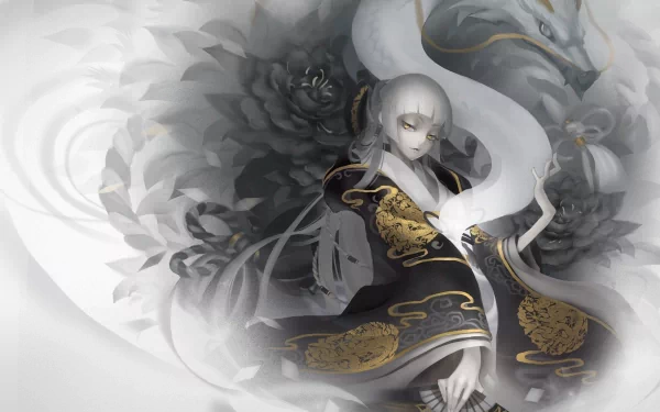 HD anime desktop wallpaper depicting a mystical figure with white hair and intricate gold-accented robes, surrounded by a swirling dragon spirit in grayscale.