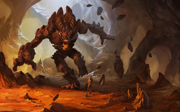 A dramatic HD wallpaper featuring Malphite from League of Legends, showcasing a powerful rock creature in a rocky, cave-like environment.
