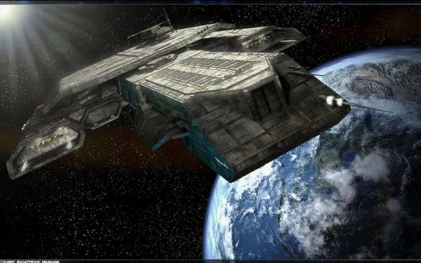 A spaceship hovers near Earth, surrounded by stars, inspired by the military sci-fi TV show Stargate SG-1. This HD image captures the essence of interstellar exploration.
