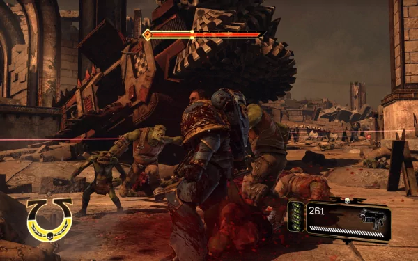 HD desktop wallpaper of Warhammer 40,000: Space Marine, showcasing a battle scene with Space Marines fighting against Orcs.