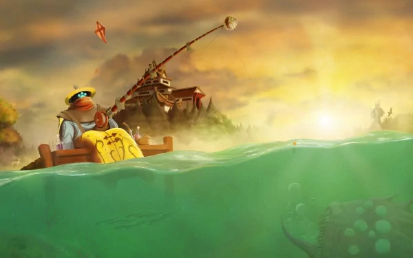 A vibrant 4K Ultra HD wallpaper featuring Jax from League of Legends, set against a serene sunset with a fishing scene, blending adventure and tranquility in a captivating style.