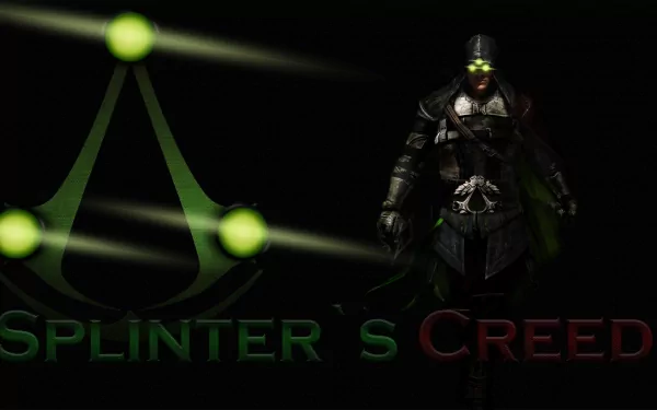 HD PC desktop wallpaper merging Tom Clancy's Splinter Cell and Assassin's Creed themes, featuring Ezio from Assassin's Creed III in a dark, stealthy design.