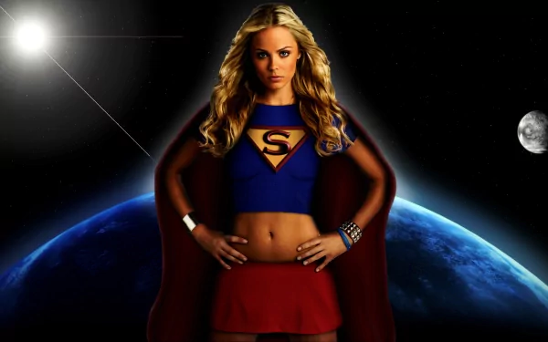 A blonde Supergirl stands confidently in a blue top and red skirt against a cosmic background featuring the sun, moon, and planets, embodying strength and adventure in this vibrant HD wallpaper.