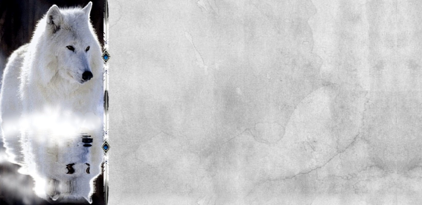 HD PC desktop wallpaper featuring a serene arctic wolf in blue, grey, and white tones against a textured grey background.