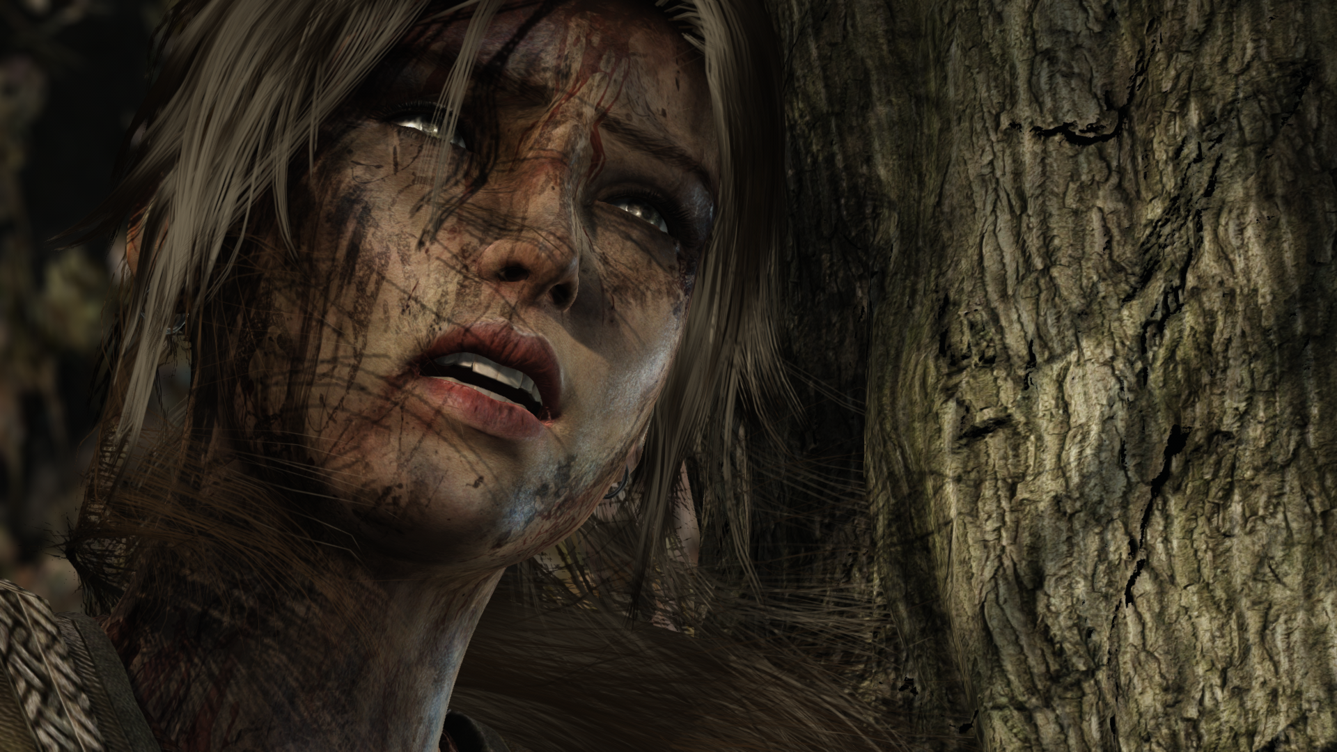 Close-up of Lara Croft from Tomb Raider, dirt-smudged and intense, against a tree bark background in an HD PC desktop wallpaper.