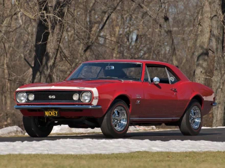 A red Chevrolet Camaro SS classic muscle car parked outdoors with bare trees in the background, captured in HD for a PC desktop wallpaper and background.