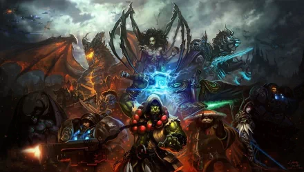 A dramatic scene featuring Jim Raynor, Thrall, Sarah Kerrigan, and Deathwing from World of Warcraft, showcasing epic characters from Heroes of the Storm in a vibrant, high-definition wallpaper.