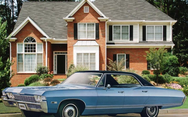 HD PC desktop wallpaper featuring a classic Chevrolet Caprice parked in front of a two-story brick house with white trim and a well-kept garden.