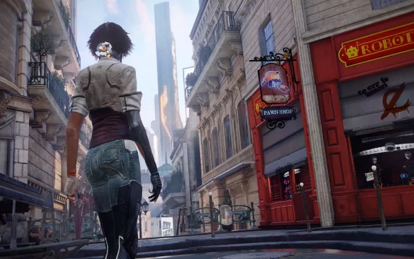 HD PC desktop wallpaper featuring Nilin from the video game Remember Me, walking through a futuristic city street lined with buildings and neon signs.