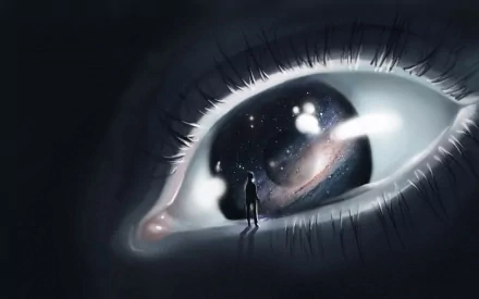 A captivating artistic wallpaper featuring a large eye with a galaxy reflected in it, showcasing a silhouette of a person standing in awe, set against a dark background.