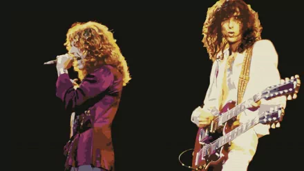 A vibrant HD wallpaper featuring Robert Plant singing and Jimmy Page playing guitar, capturing the iconic energy of Led Zeppelin's rock music legacy.