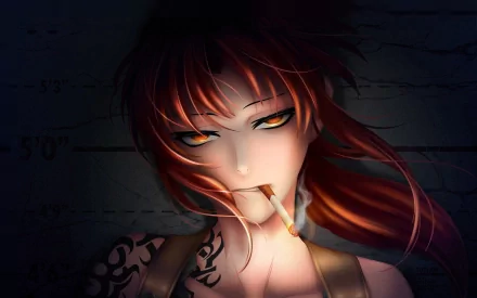 A striking HD wallpaper featuring a character from the anime Black Lagoon with piercing eyes, lit cigarette, and intricate tattoos, set against a dark, moody background.