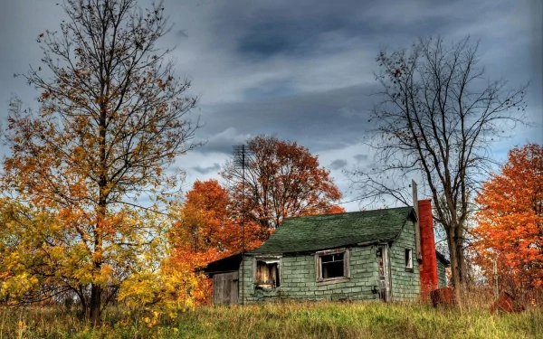 2K Quad HD PC desktop wallpaper and background: man-made green cabin with chimney in an autumn clearing, surrounded by colorful trees under a moody cloudy sky.