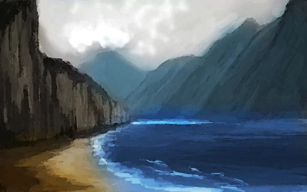 Artistic fantasy landscape HD PC desktop wallpaper background: deep blue sea and river-like inlet along a sandy beach, flanked by rugged mountains beneath moody clouds.