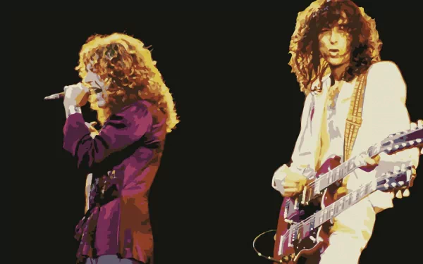 A vibrant HD wallpaper featuring Robert Plant singing and Jimmy Page playing guitar, capturing the iconic energy of Led Zeppelin's rock music legacy.