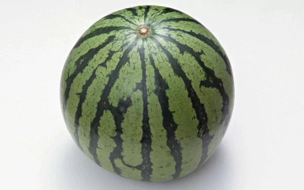 HD PC desktop wallpaper featuring a close-up of a whole, round watermelon with distinct green stripes on a plain white background.