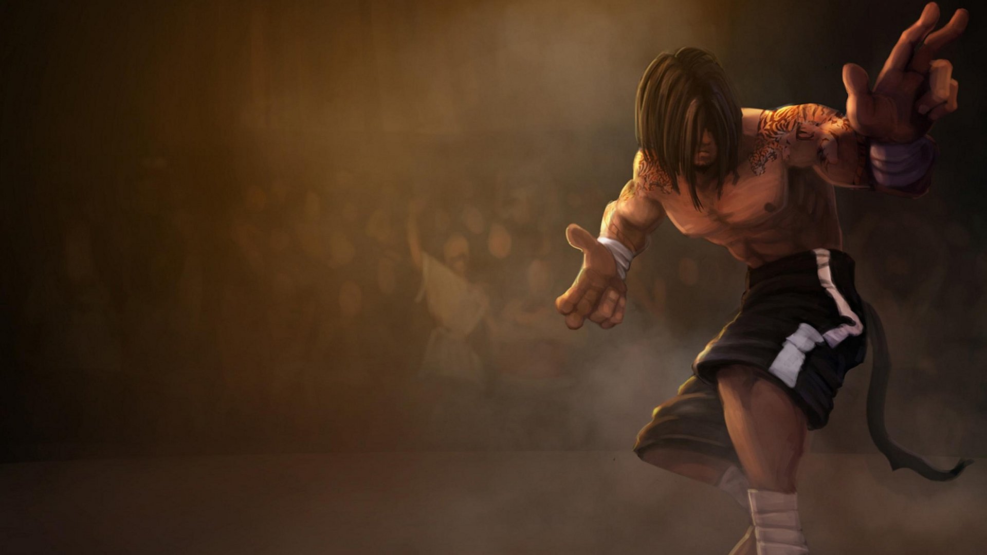 HD PC desktop wallpaper featuring Lee Sin from League of Legends in a dynamic martial arts stance, surrounded by a smoky, atmospheric background.