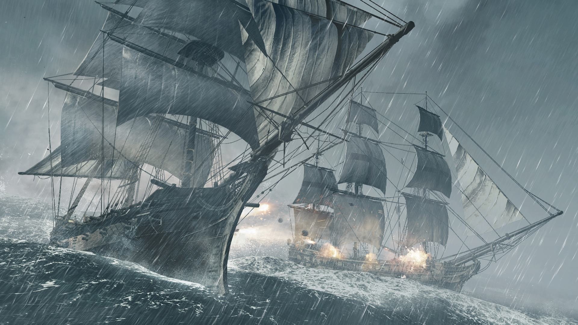 Stormy seas with two ships battling fierce waves, inspired by Assassin's Creed IV: Black Flag. An atmospheric HD wallpaper capturing the essence of naval adventure.