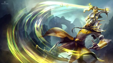 HD wallpaper featuring Master Yi from League of Legends. The image showcases dynamic motion with vibrant colors, capturing the character's powerful movement in the game.