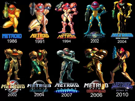 A vibrant HD PC desktop wallpaper featuring iconic characters from the Metroid video game series, showcasing their evolution from 1986 to 2004.