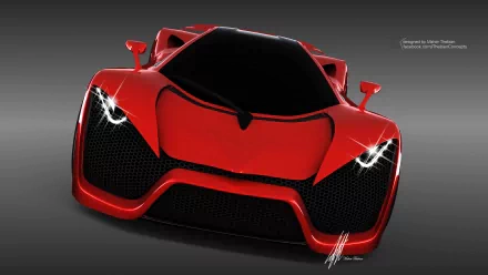 HD PC wallpaper featuring a striking red Pagani supercar with sharp headlights against a dark gradient background.