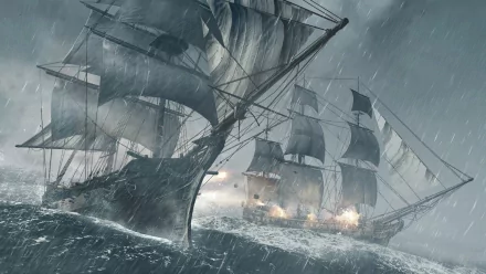 Stormy seas with two ships battling fierce waves, inspired by Assassin's Creed IV: Black Flag. An atmospheric HD wallpaper capturing the essence of naval adventure.