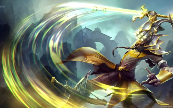 HD wallpaper featuring Master Yi from League of Legends. The image showcases dynamic motion with vibrant colors, capturing the character's powerful movement in the game.