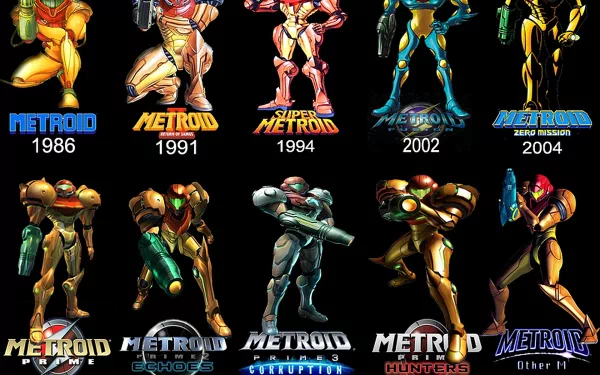 A vibrant HD PC desktop wallpaper featuring iconic characters from the Metroid video game series, showcasing their evolution from 1986 to 2004.