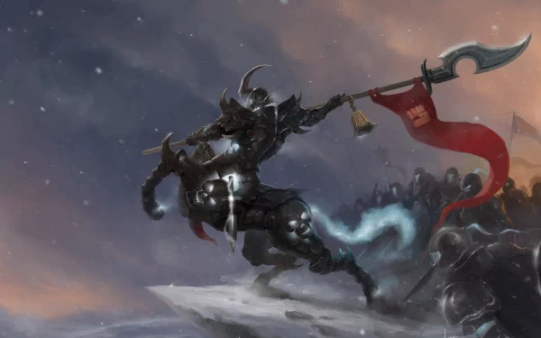 Hecarim from League of Legends charges forward, wielding a spear and a banner, set against a dramatic snowy backdrop. An HD wallpaper capturing the epic essence of the game.