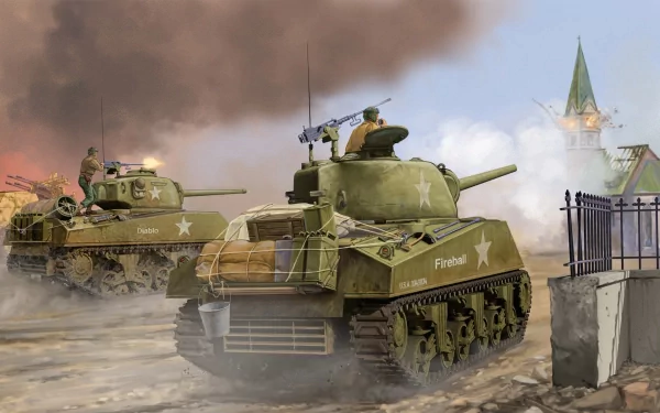 HD desktop wallpaper featuring military M4 Sherman tanks advancing through a smoky battlefield with historical buildings in the background.