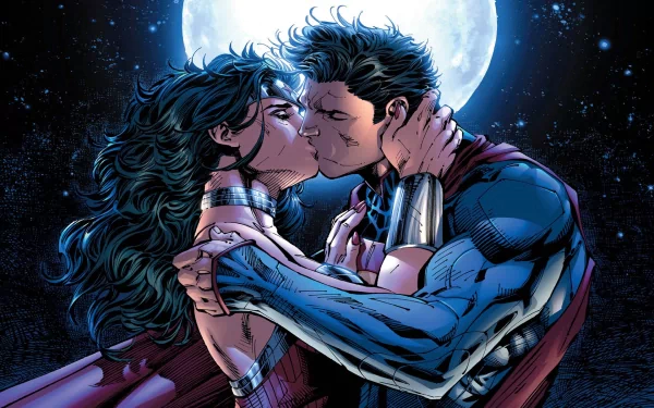 Superman and Wonder Woman share a kiss under a full moon, with stars glowing in the night sky, in a vibrant Justice League comic HD desktop wallpaper.