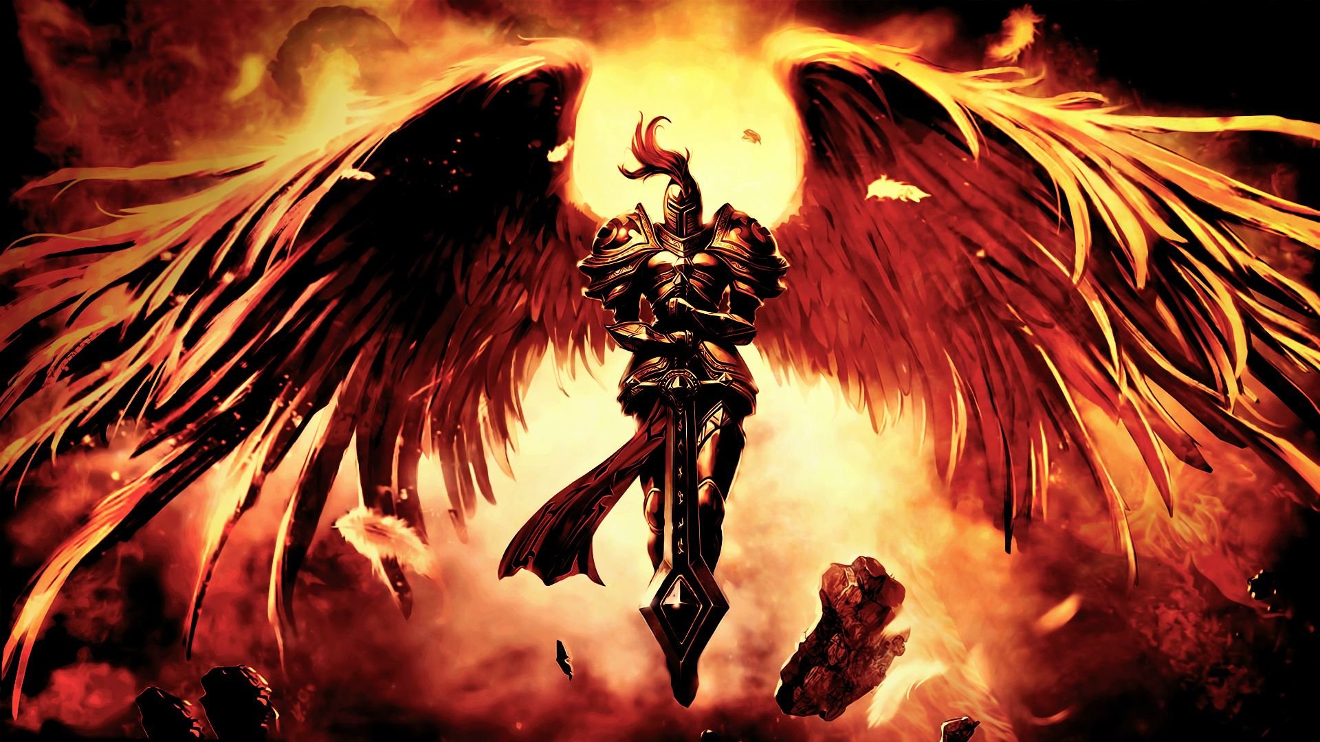 Kayle from League of Legends stands heroically with fiery wings and a glowing sword, set against an intense background. This HD image serves as a striking desktop wallpaper.