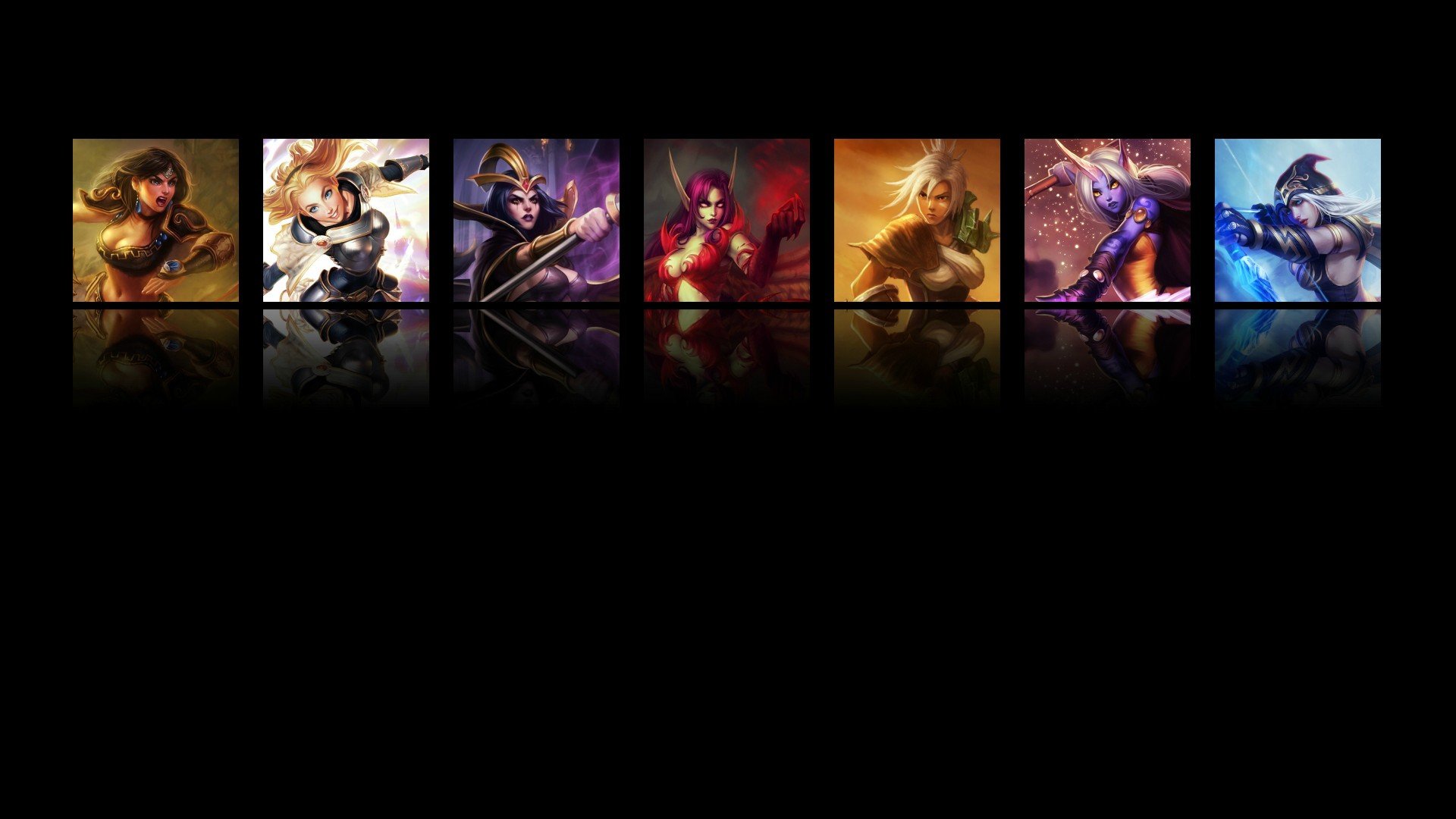 HD PC desktop wallpaper featuring League of Legends champions Ashe, Soraka, Riven, Morgana, LeBlanc, Lux, and Sivir in a stylized lineup.