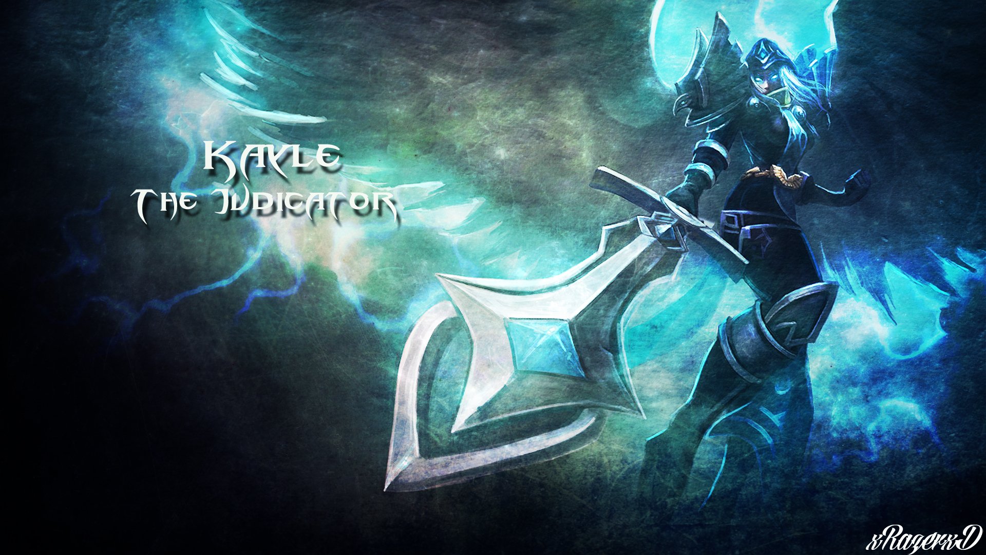 HD desktop wallpaper featuring Kayle, the Judicator, from the video game League of Legends, with a glowing sword and ethereal blue background.