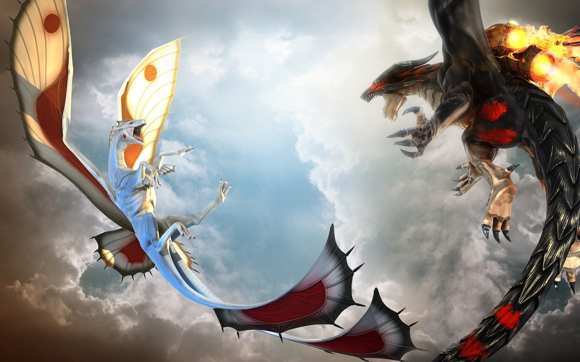 HD PC desktop wallpaper featuring two dragons mid-flight from the video game Divinity Dragon Commander against a cloudy sky backdrop.