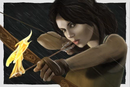 Lara Croft (Tomb Raider 2013) aims a flaming arrow in the rain — video game art, 2K Quad HD PC desktop wallpaper/background.