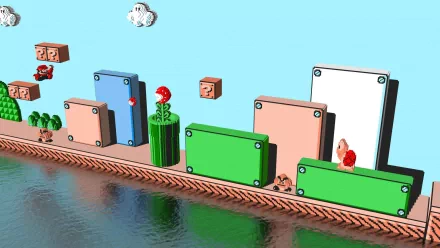 HD PC desktop wallpaper showcasing the video game Super Mario Bros. 3: colorful block platforms, ? blocks, a Piranha Plant and Koopa reflected on water beneath a bright blue sky.