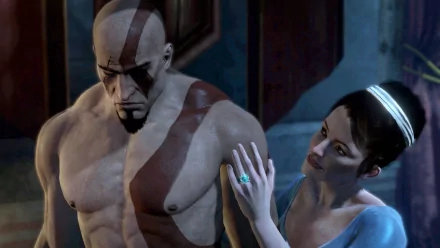 HD PC desktop wallpaper featuring Kratos and a woman from the video game God of War: Ascension, showcasing intense character detail and dramatic atmosphere.