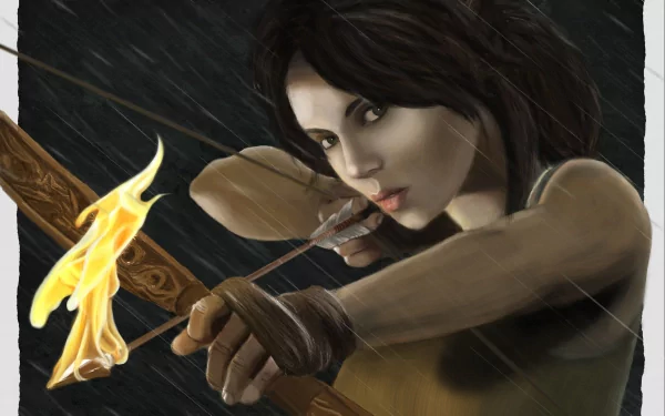 Lara Croft (Tomb Raider 2013) aims a flaming arrow in the rain — video game art, 2K Quad HD PC desktop wallpaper/background.