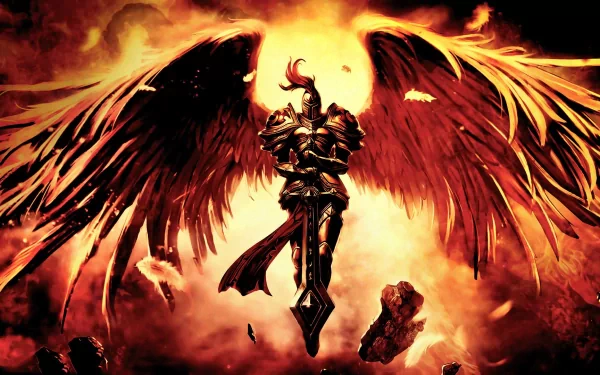 Kayle from League of Legends stands heroically with fiery wings and a glowing sword, set against an intense background. This HD image serves as a striking desktop wallpaper.
