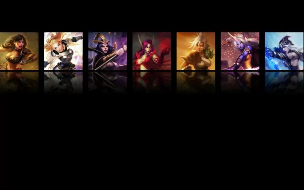 HD PC desktop wallpaper featuring League of Legends champions Ashe, Soraka, Riven, Morgana, LeBlanc, Lux, and Sivir in a stylized lineup.