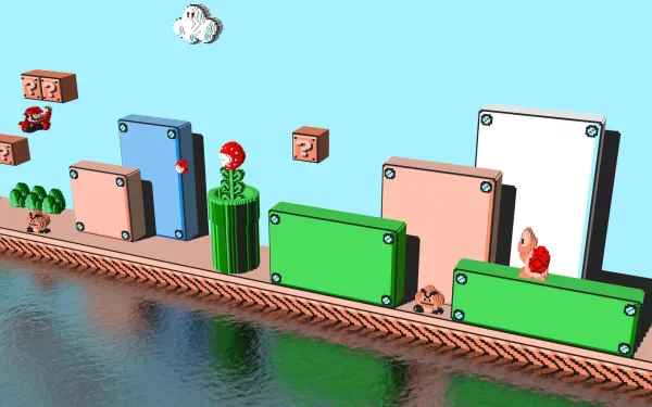 HD PC desktop wallpaper showcasing the video game Super Mario Bros. 3: colorful block platforms, ? blocks, a Piranha Plant and Koopa reflected on water beneath a bright blue sky.